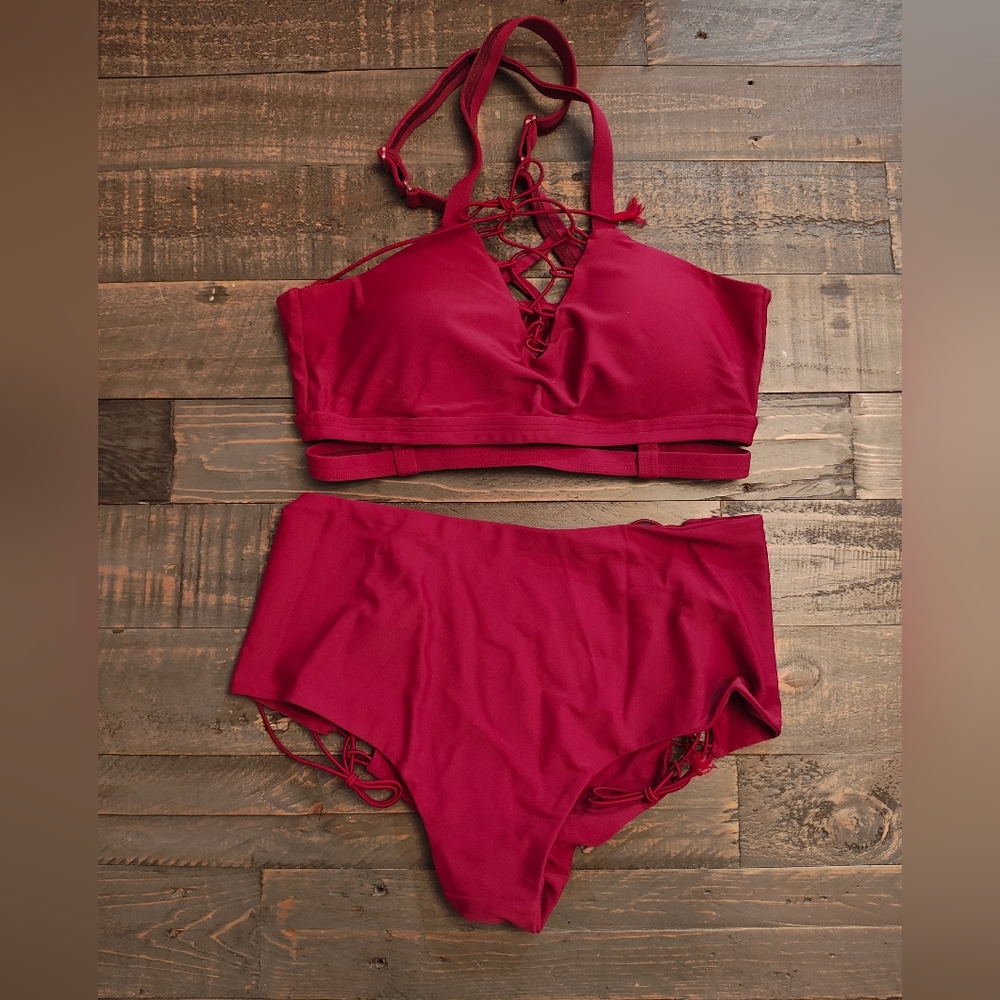 Burgundy Lace-Up Pole Dance Set